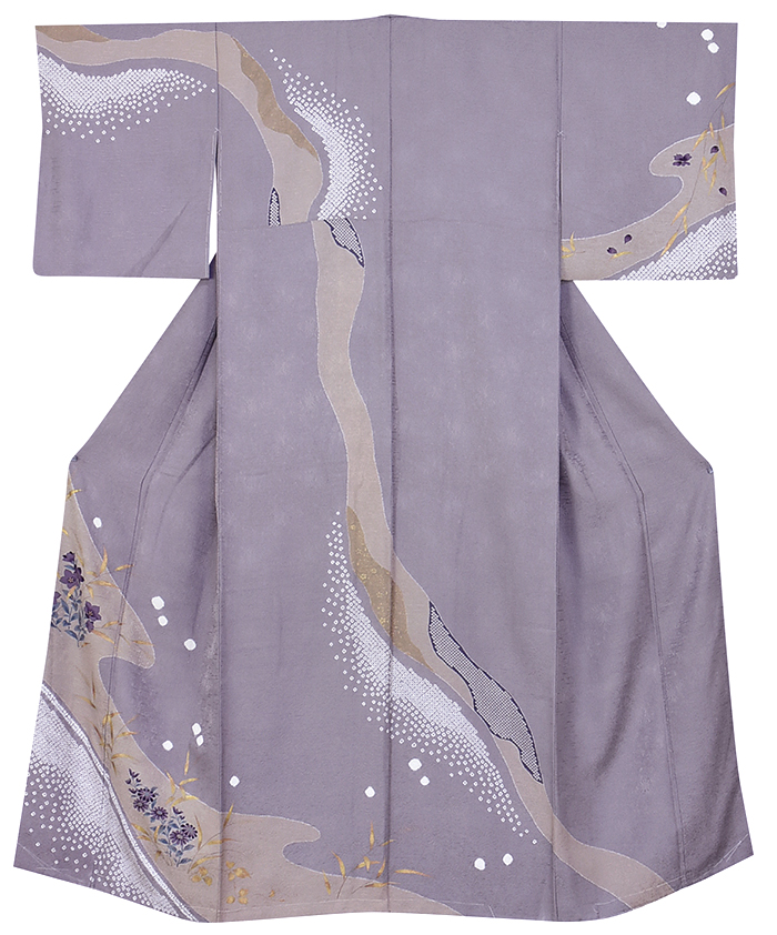 付け下げ 刺繍 絞り 紋意匠 灰青色 正絹 反物（リサイクル着物