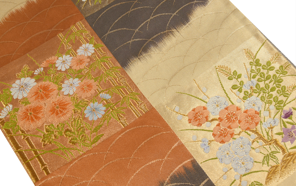 ZY-355 高級袋帯 六通 扇文 四季折々 草花 金糸 正絹 上質 名品