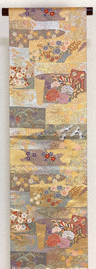 【送料込】 モスグリーン 長い 正絹 六通 袋帯 着物・浴衣