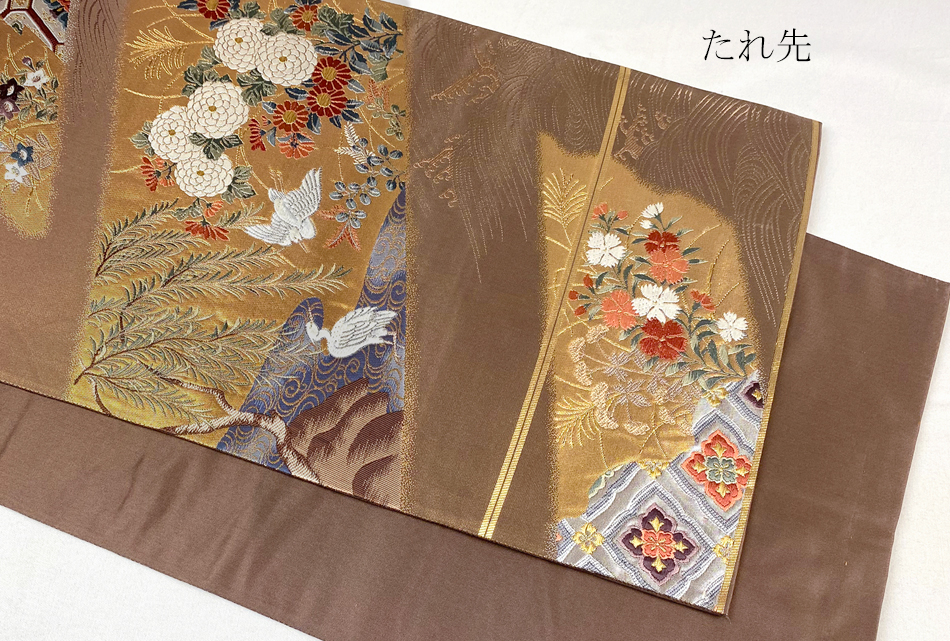 綴れ織 刺繍 華紋 鳳凰 袋帯 着物 103a p （ほていや 金通し 華